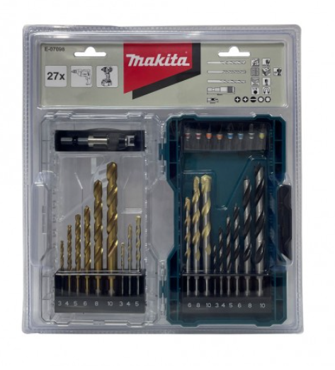 ชุดดอกสว่าน เจาะไม้ ปูน เหล็ก พร้อมดอกไขควง 27ดอก/ชุด พร้อมกล่อง MAKITA E-07098